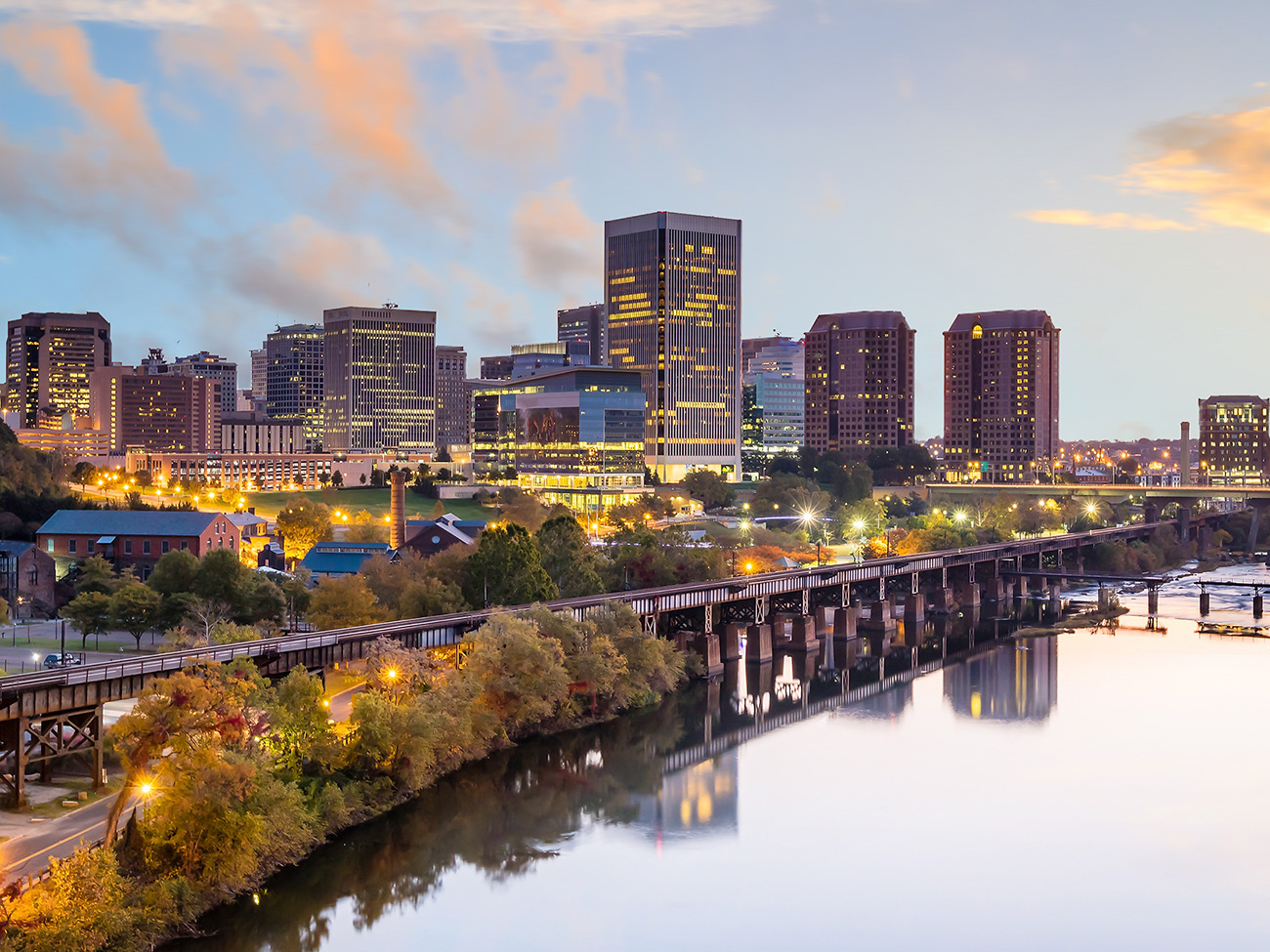 Downtown Richmond from Above James River showing a service area of Capital City Comfort Solutions