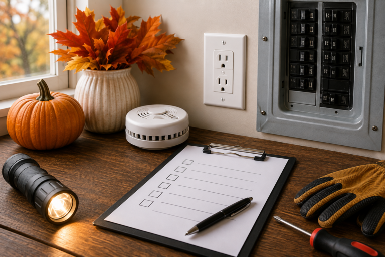 Fall electrical safety: Hand on plug with multiple sockets on a power strip.